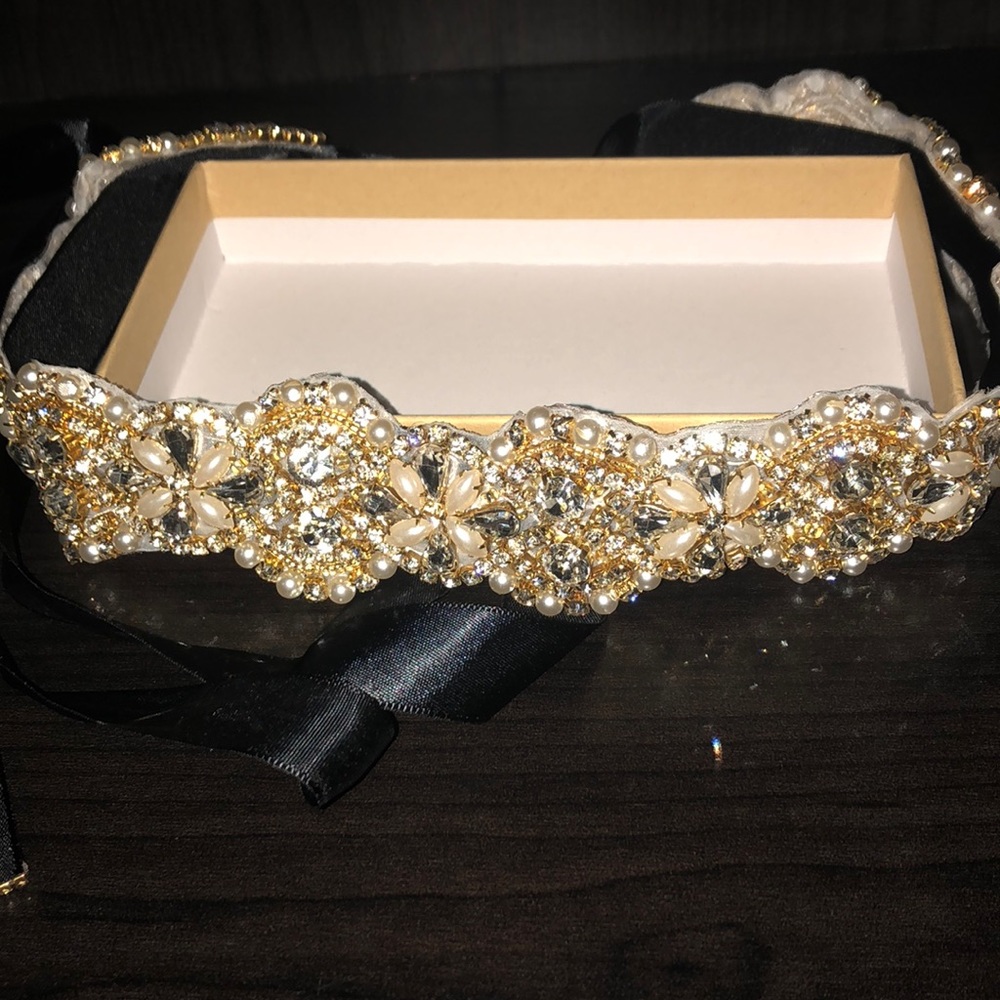 Black satin belt with gold beading